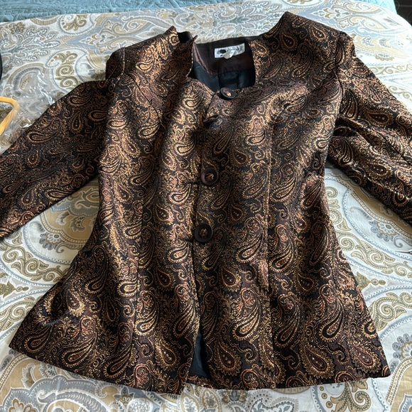 Essence Paisley Gold Copper Tuxedo Blazer Statement Size 14 Formal Jacket - Picture 11 of 13